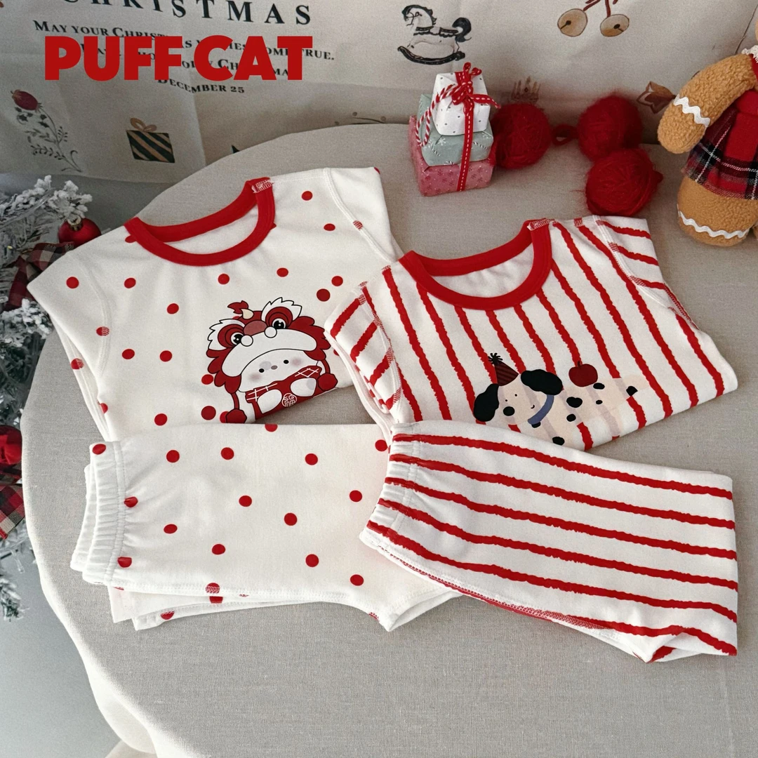 儿童本命年大红羊毛拉架新年款宝宝家居服男女童保暖内衣套装hn