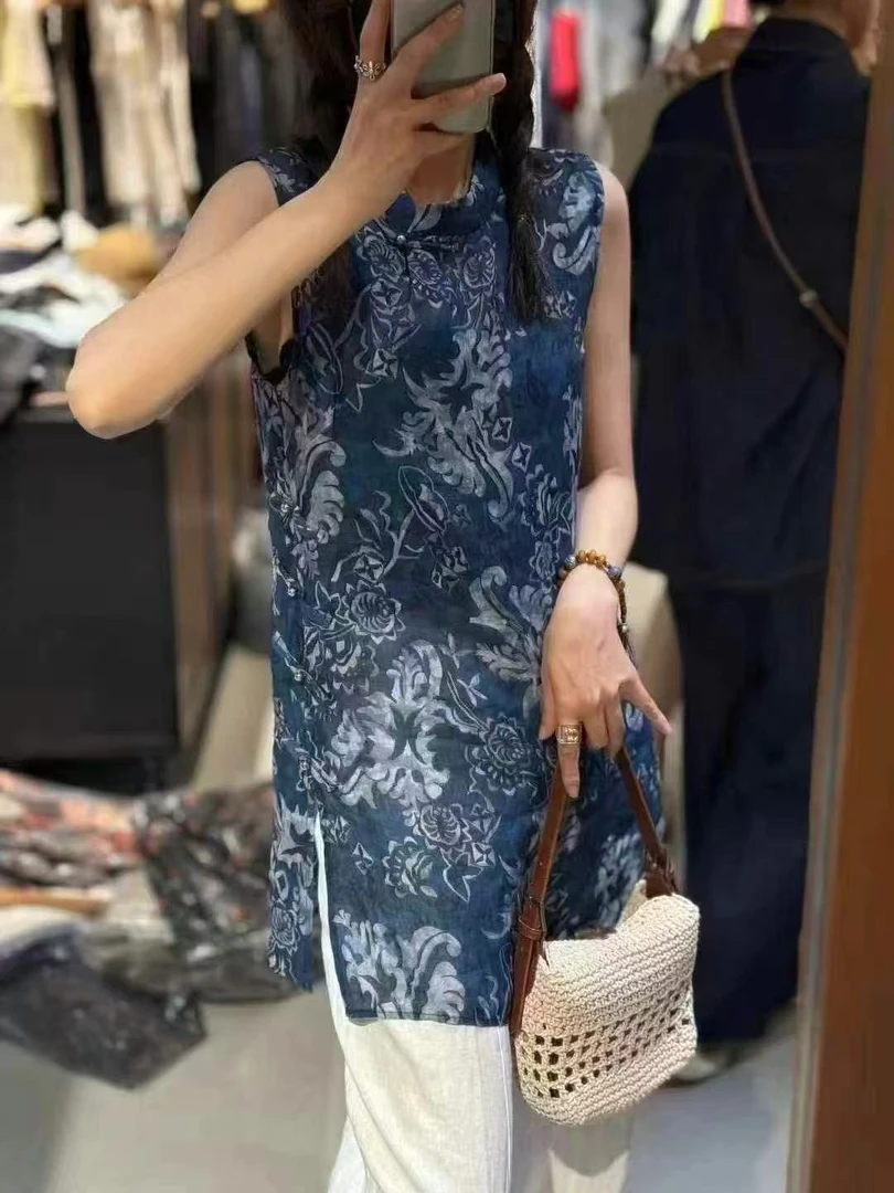 欧洲站25夏季立领盘扣无袖苎麻新中式印花背心中长款上衣女1987