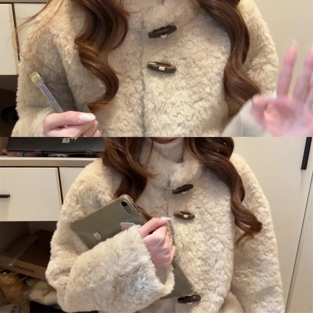 韩系羊角扣羊羔绒外套女2025年冬季新款慵懒风高级感加厚毛毛大衣