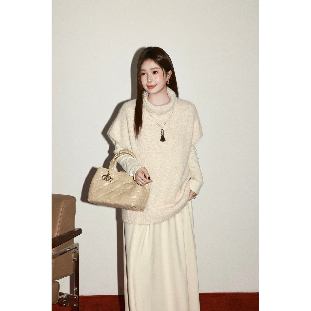 现货1464D大婉酱微胖定制【柔系憧憬】慵懒风高领显瘦叠穿毛织上衣