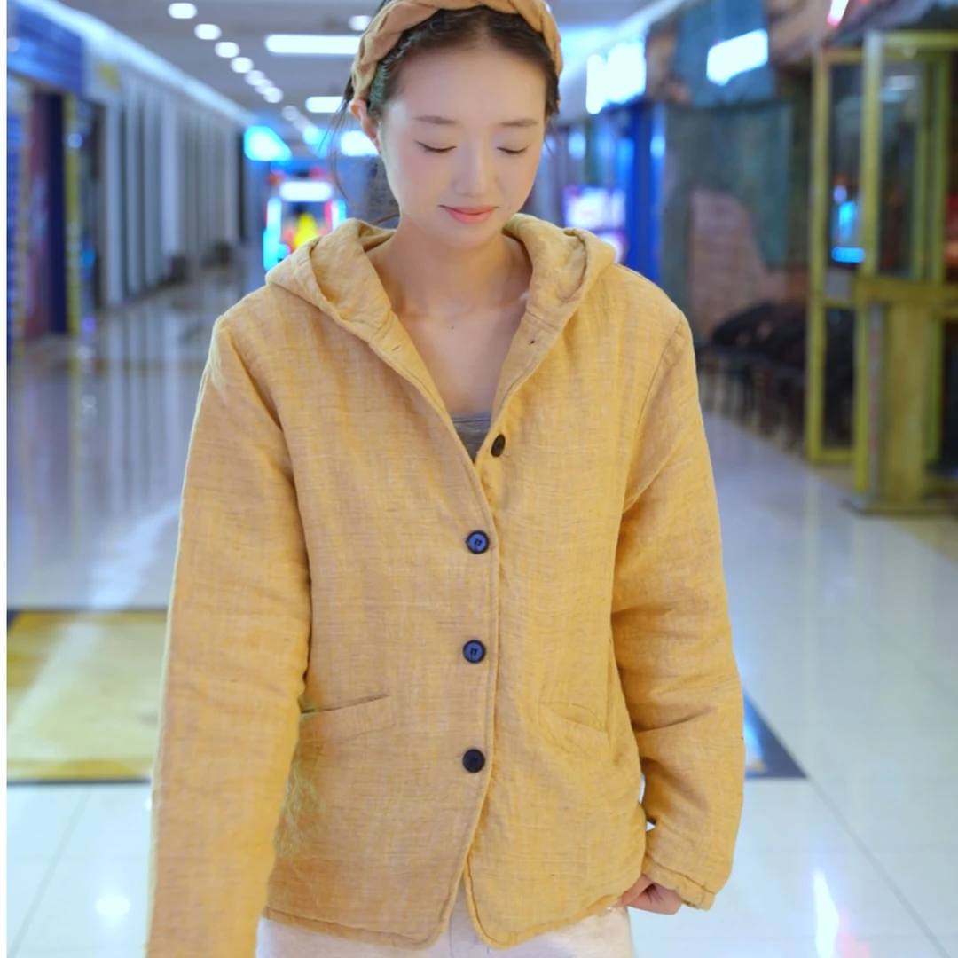 BRCP/布然初品秋冬女短外套亚麻连帽休闲加厚保暖棉服外套3203