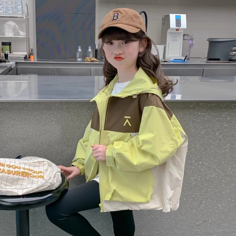 女童连帽冲锋衣外套春装2025新款洋气大童女孩春秋季拼色上衣儿童