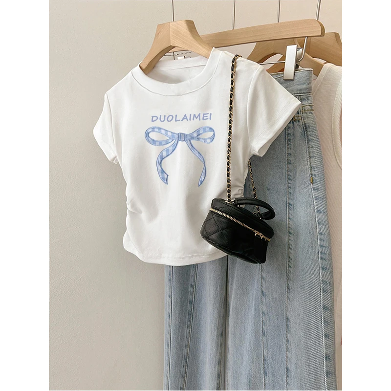 女童收腰短袖t恤短款纯棉夏装2025新款儿童夏季正肩修身高腰上衣