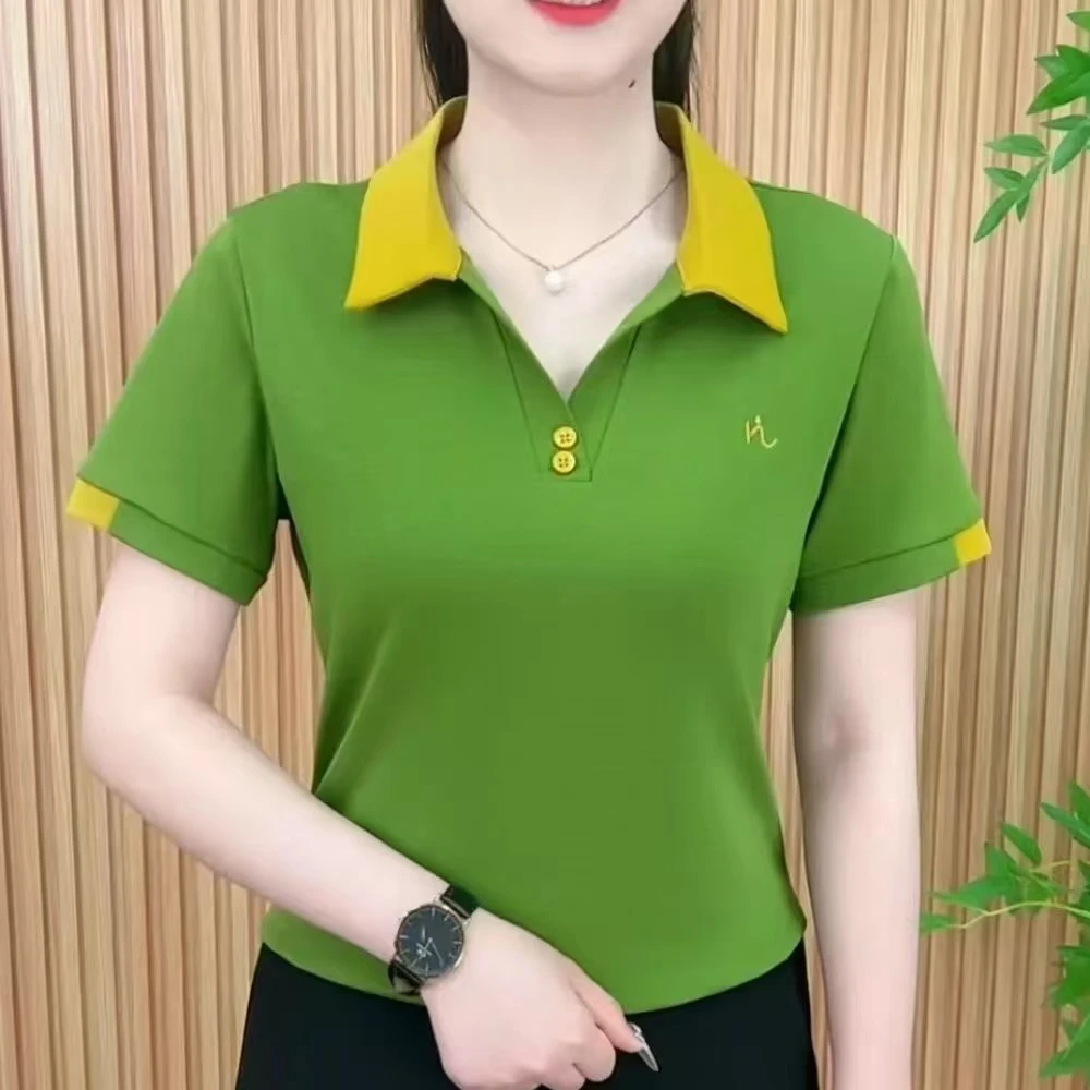 2025撞色翻领夏季女士新款上衣减龄显瘦时尚休闲洋气刺绣短袖小衫