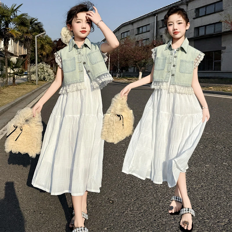 女童夏季花边马甲童装看海连衣裙套装15岁中大童女孩套装6-12岁