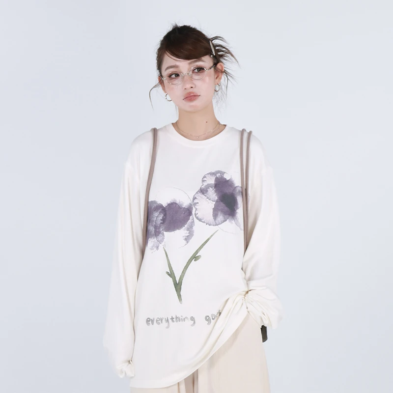 嬉游记原创 2024秋新款圆领正肩长袖T恤女时尚宽松内搭叠穿打底衫