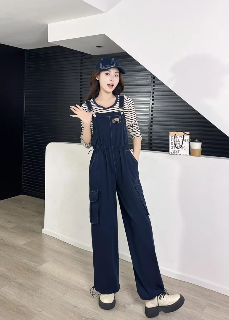 28106#牛仔背带裤套装女新款复古休闲简约条纹减龄百搭工装裤