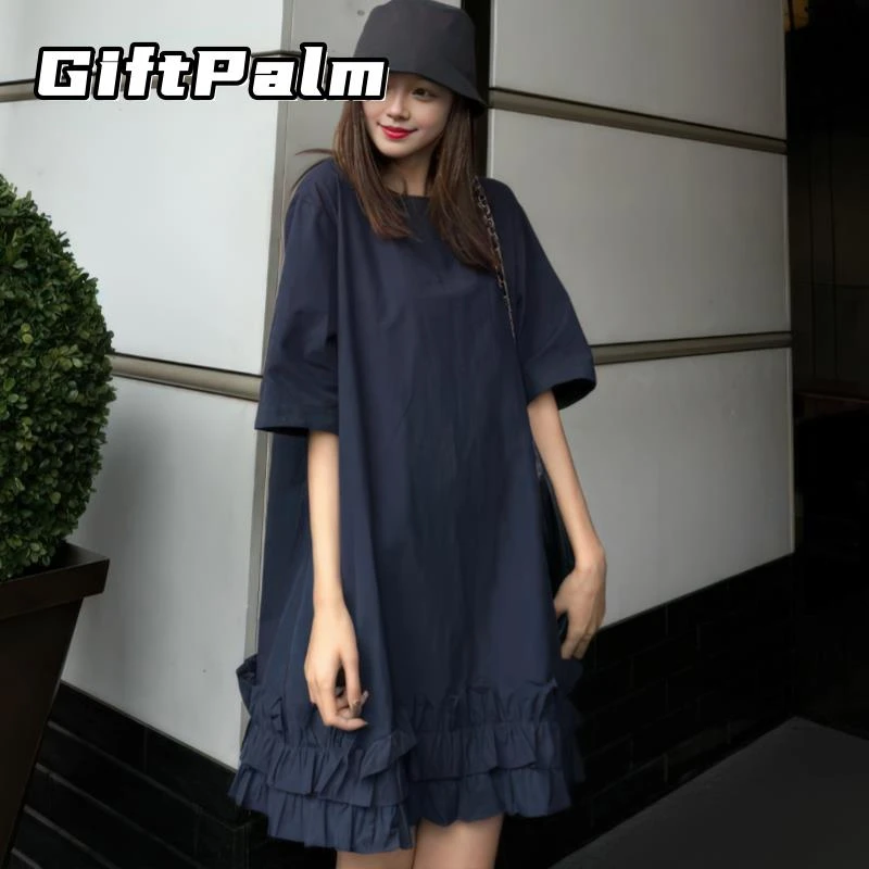 GiftPalm休闲风纯色短袖连衣裙女夏新款大码胖MM百搭洋气减龄短裙
