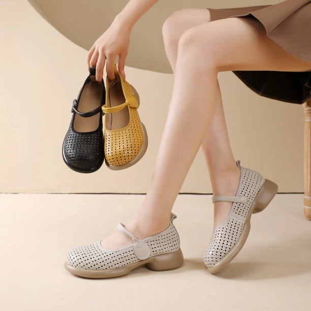 头层牛皮夏季新款镂空洞洞一脚蹬软皮软底软面玛丽珍单鞋女浅口