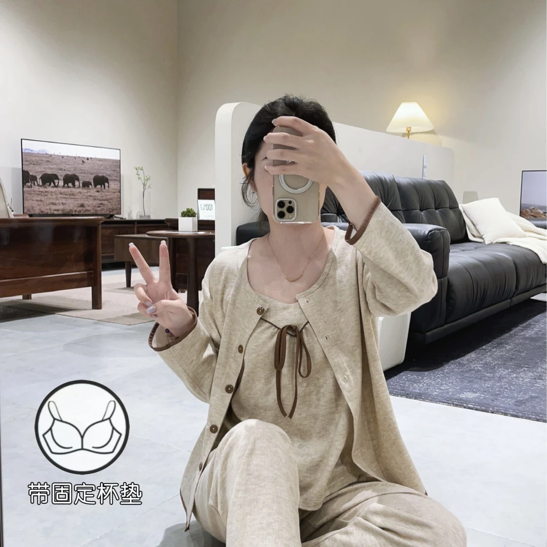 秋季薄绒长袖吊带带杯垫三件套睡衣女款2025爆款保暖舒适套装2629