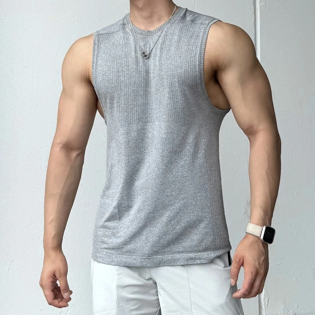 美式无缝提花运动坎肩夏季纯色速干训练健身弹力修身圆领T恤上衣