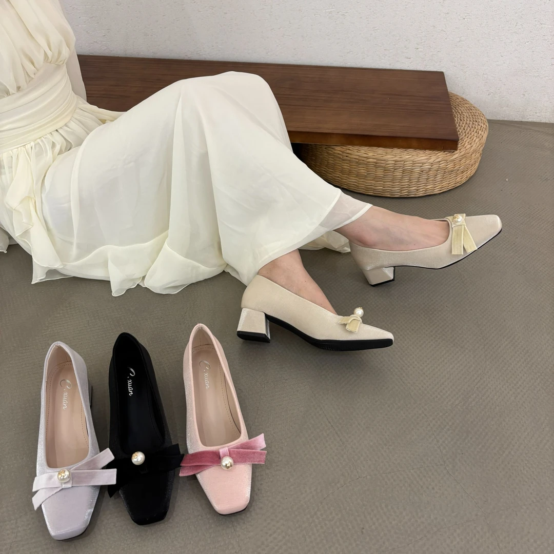 春夏法式风蝴蝶结甜美淑女仙女风缎面方头粗跟高跟鞋单鞋5112-1