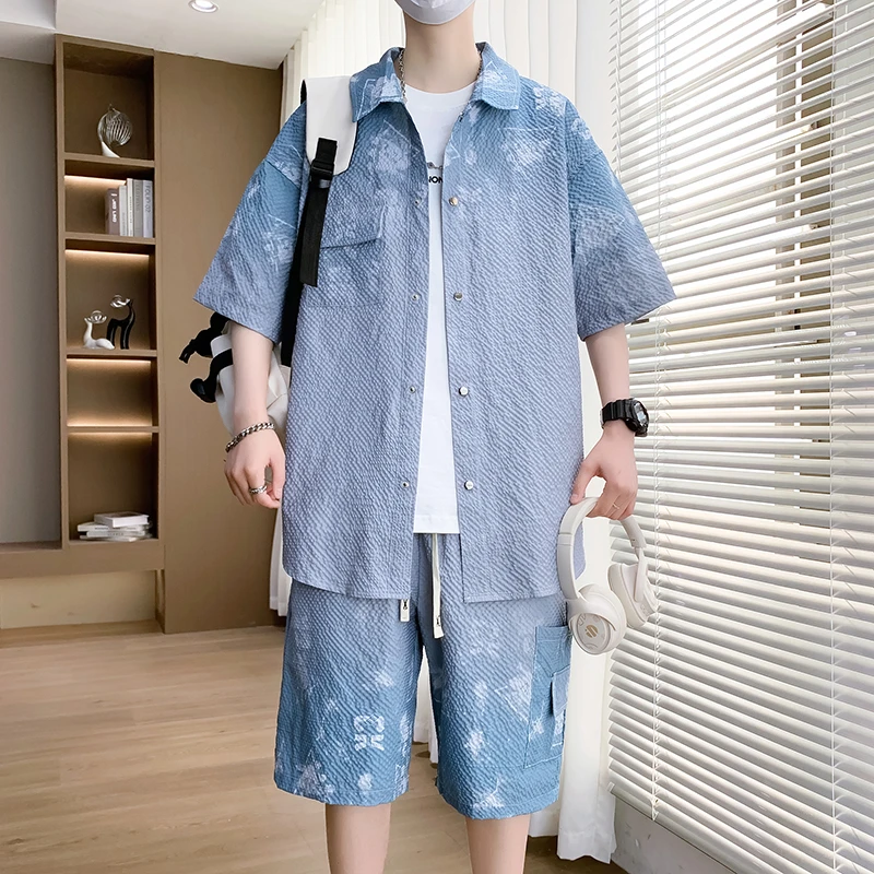 青少年套装男士新款夏季美式休闲两件套短袖短裤渐变衬衫搭配男装