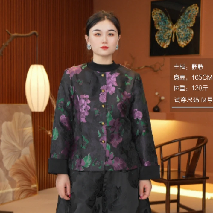 红熹潮（HXC25127紫黑色）新款圆领秋季时尚新中式重磅长袖短外套