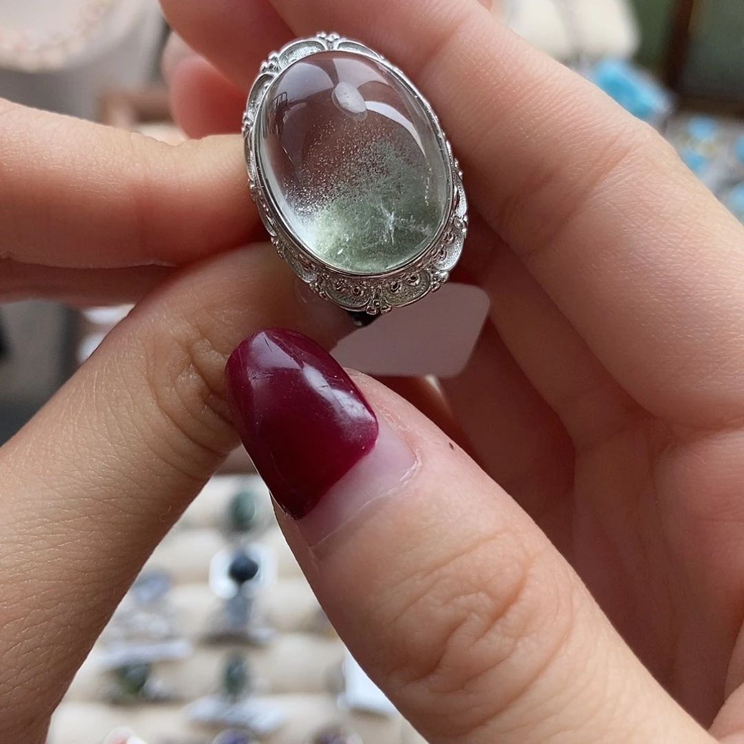 水晶戒指银S925镶嵌长**姨绿幽灵