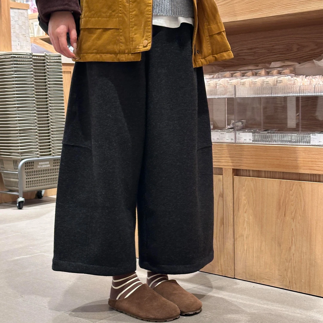 深灰色韩系加绒毛呢阔腿裤女冬大码胖mm宽松显瘦小个子休闲八分裤