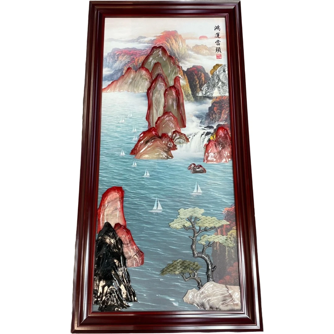 78*158鸿运当头实木双框玉雕画天然玉石中式品牌展示精品