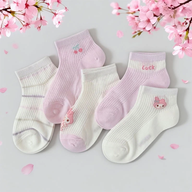 爱嘀嗒儿童袜子女童宝宝夏季超薄大网眼可爱卡通美乐蒂精梳棉短袜