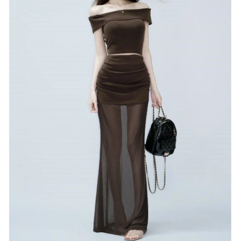 多巴胺辣妹纯欲性感短袖一字肩上衣女夏季新款网纱半身裙两件套