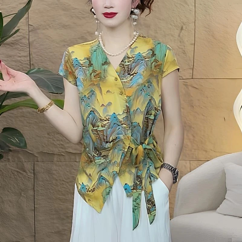 2025夏季国风山水印花V领短袖优雅收腰上衣8080
