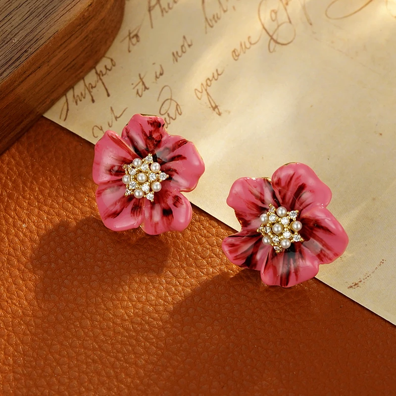 铜合金合成锆石耳饰 5786 【那年花开】法式时尚气质彩绘花朵耳钉