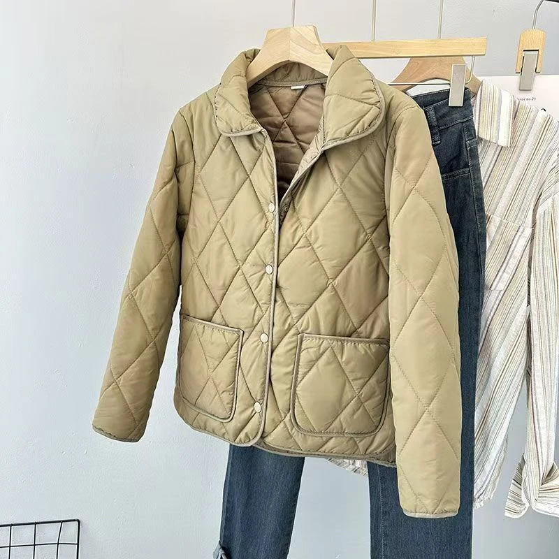 女士翻领棉服短款菱形格薄款夹棉秋冬外套棉衣