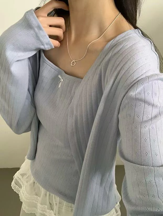lovely@z6077韩系简约百搭拼接蕾丝两件套