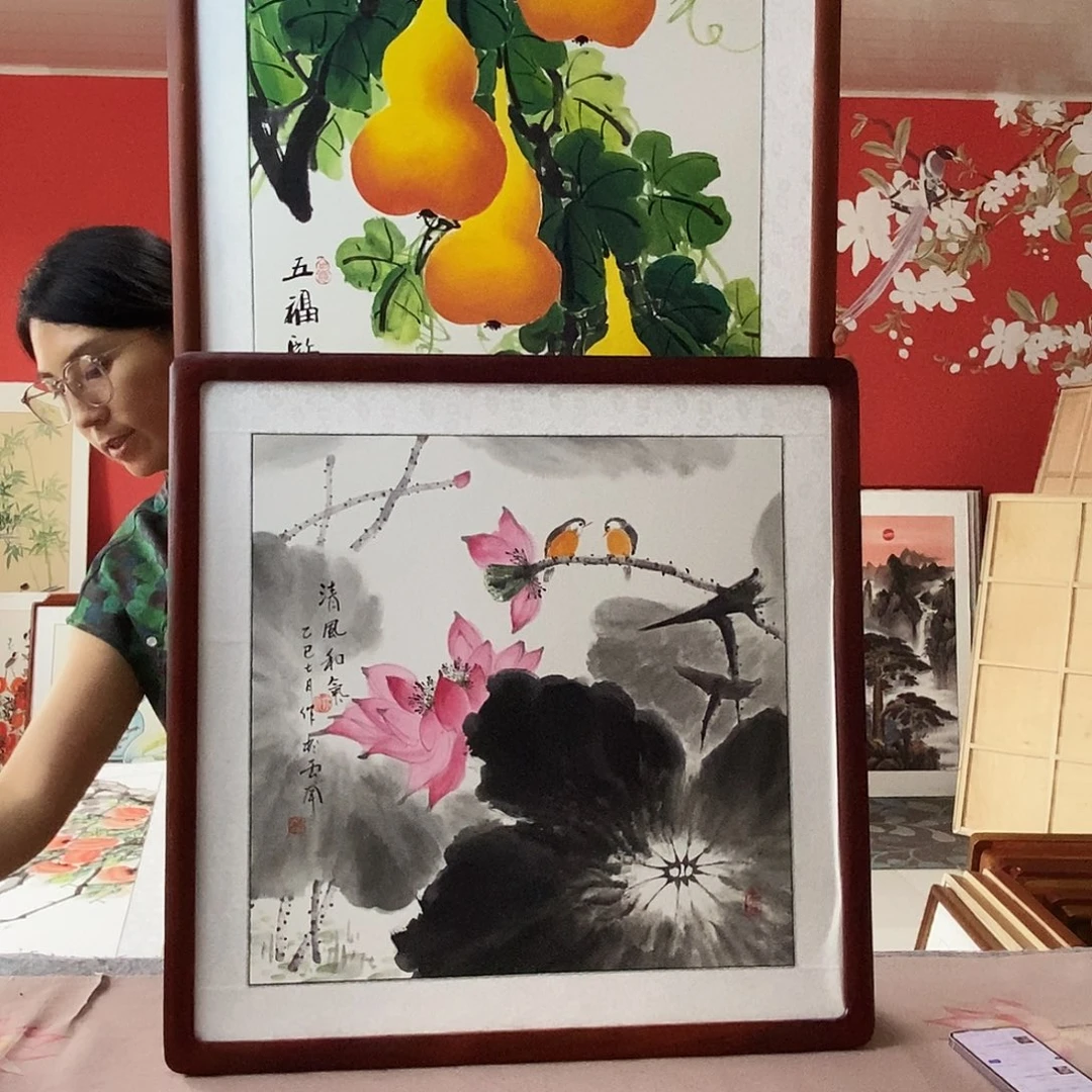 国画手写手绘国画作品带框包邮62✖️62