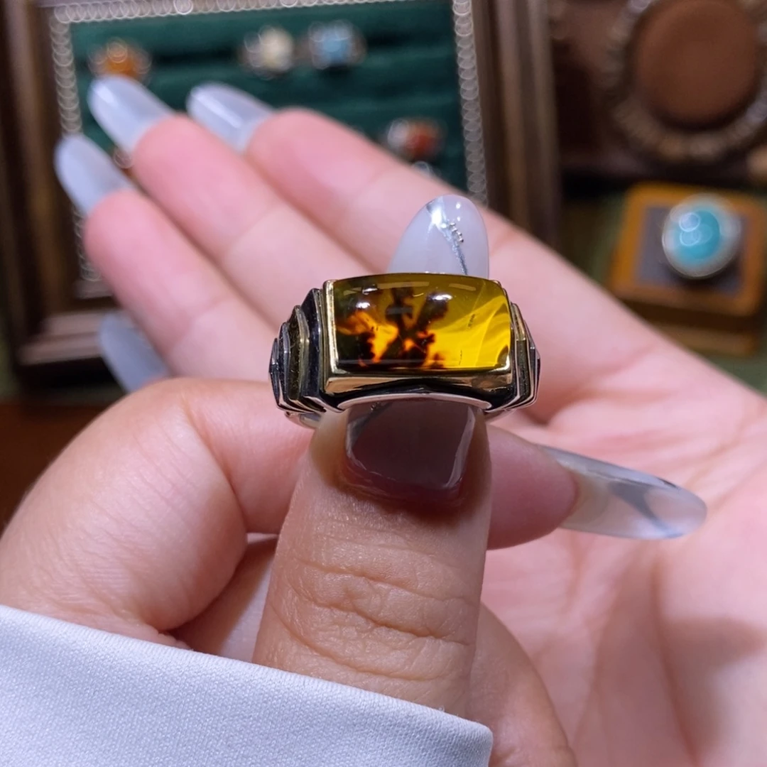 琥珀银S925镶嵌戒指