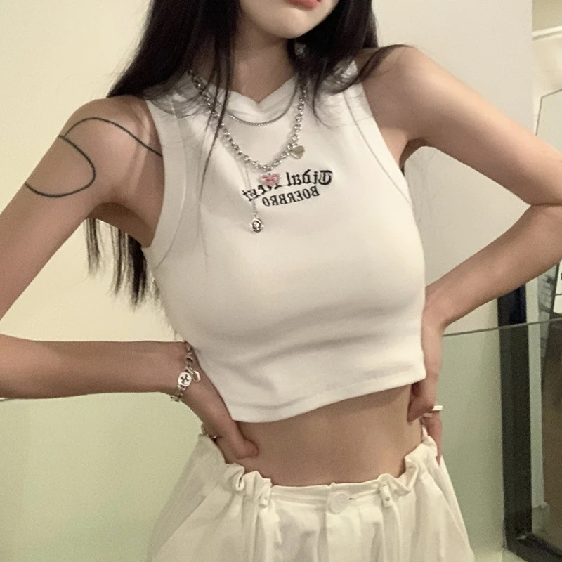 辣妹工字背心女外穿潮字母修身无袖短款打底衫上衣内搭针织衫吊带