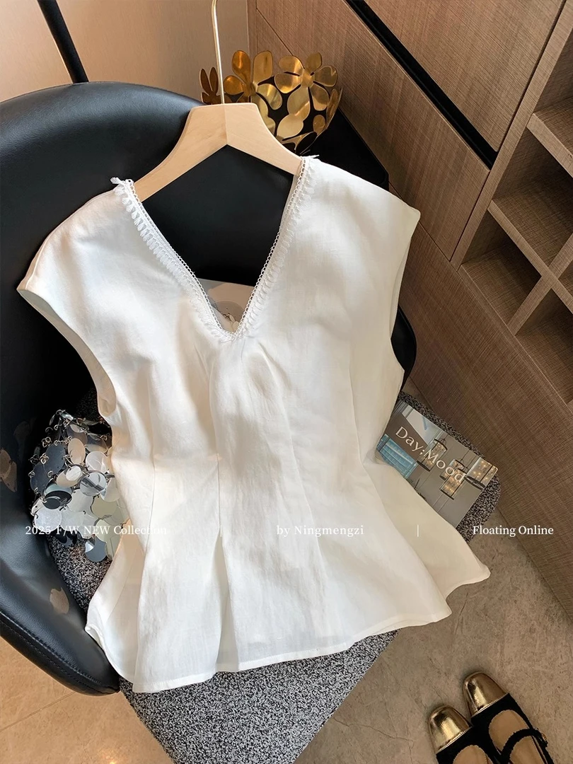 老钱风v领蕾丝边亚麻衬衫背心女装夏季法式气质收腰显瘦无袖上衣