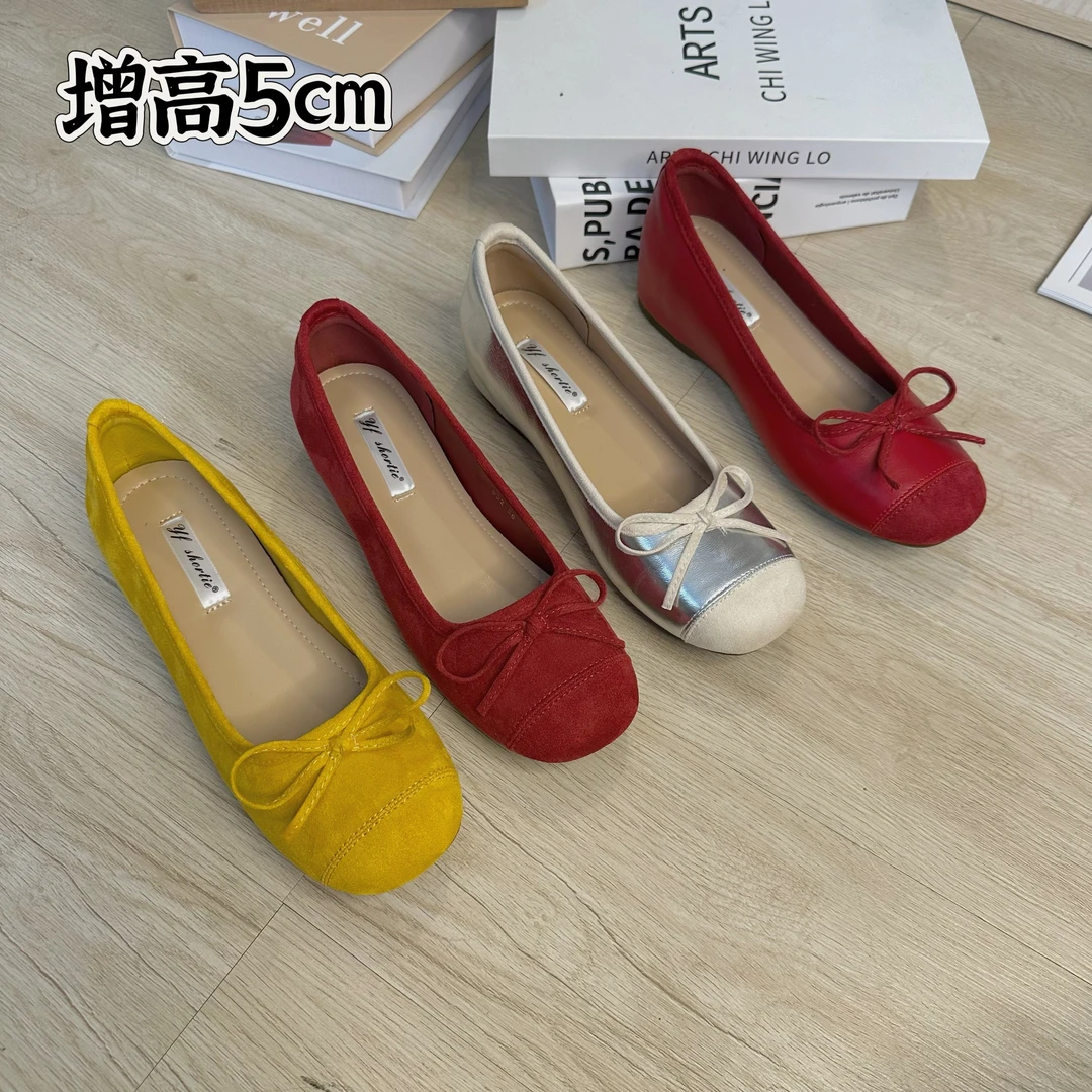 内增高5厘米～甜美方圆头小个子银色浅口蝴蝶结芭蕾舞鞋单鞋