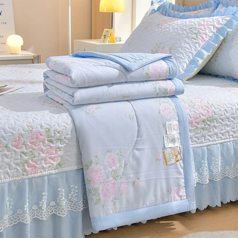 韩版蕾丝花边夹棉床盖四件套蓝色玫瑰花床裙水洗棉夏被花边被套