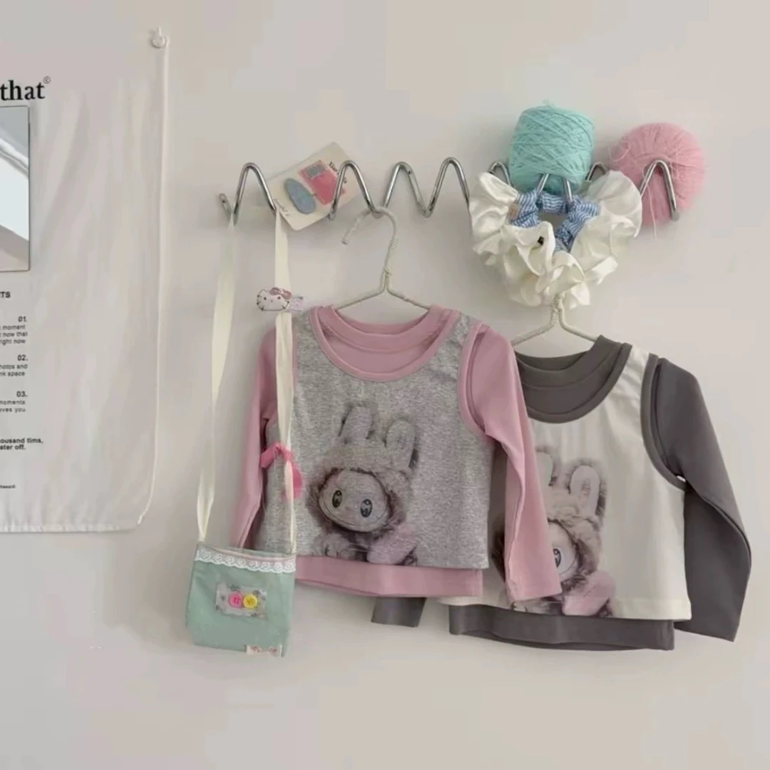 【秋上新】女童卡通背心长袖T恤打底儿童百搭上衣假两件