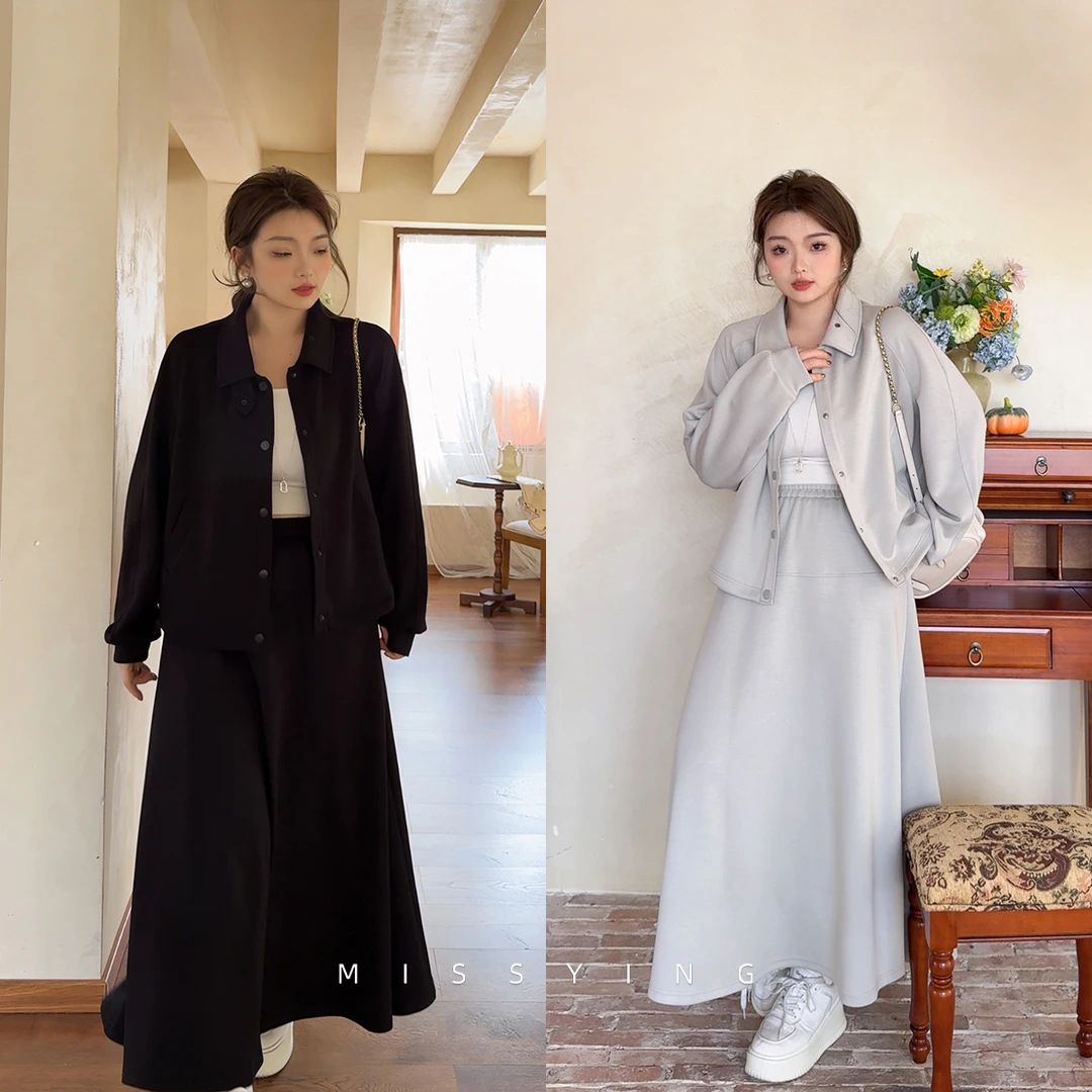 应小姐【阁楼画家】微胖大码春款显瘦休闲百搭小翻领上衣半裙套装