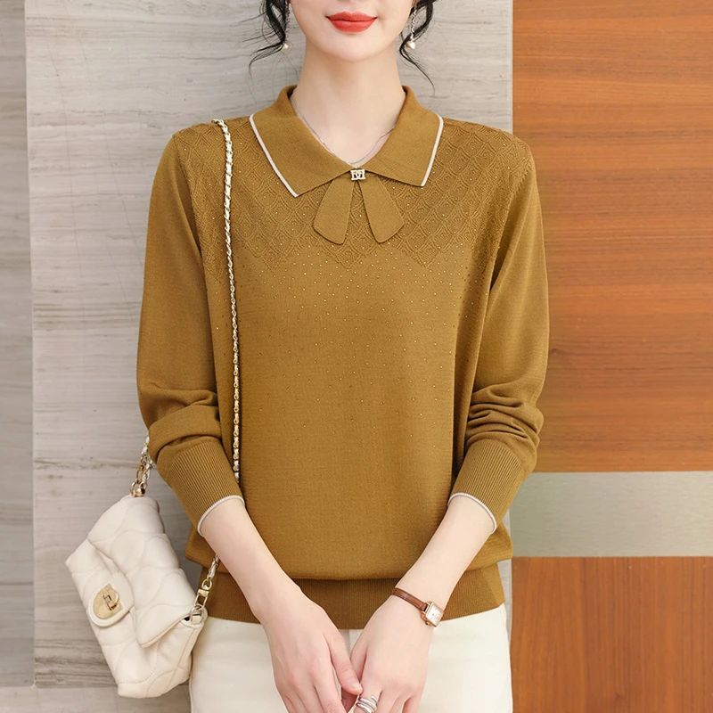 翻领长袖冰丝针织上衣女春秋薄款气质上衣秋装2025新款妈妈打底衫