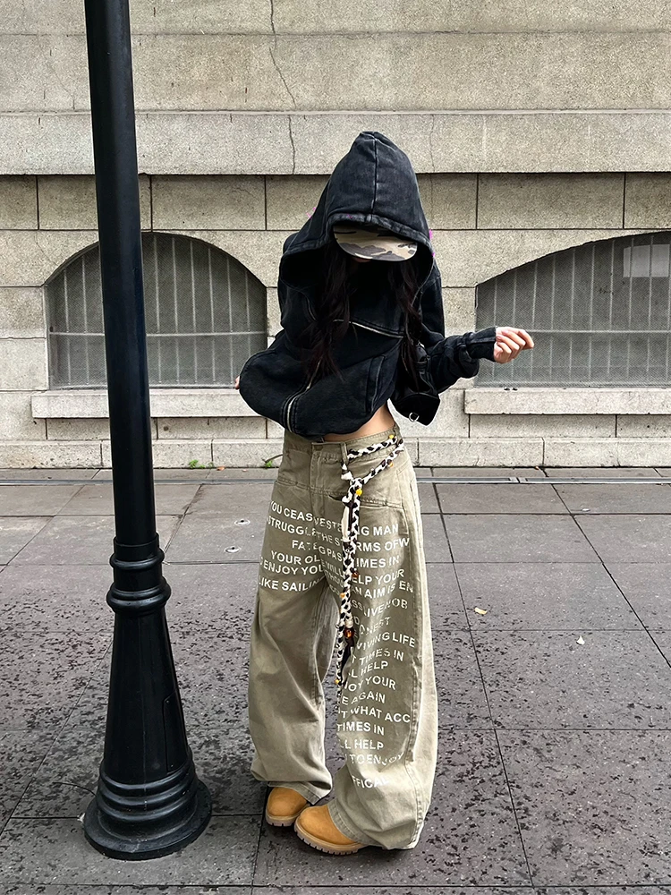 YANG STUDIO美式字母印花设计感牛仔裤女秋季宽松直筒阔腿拖地裤