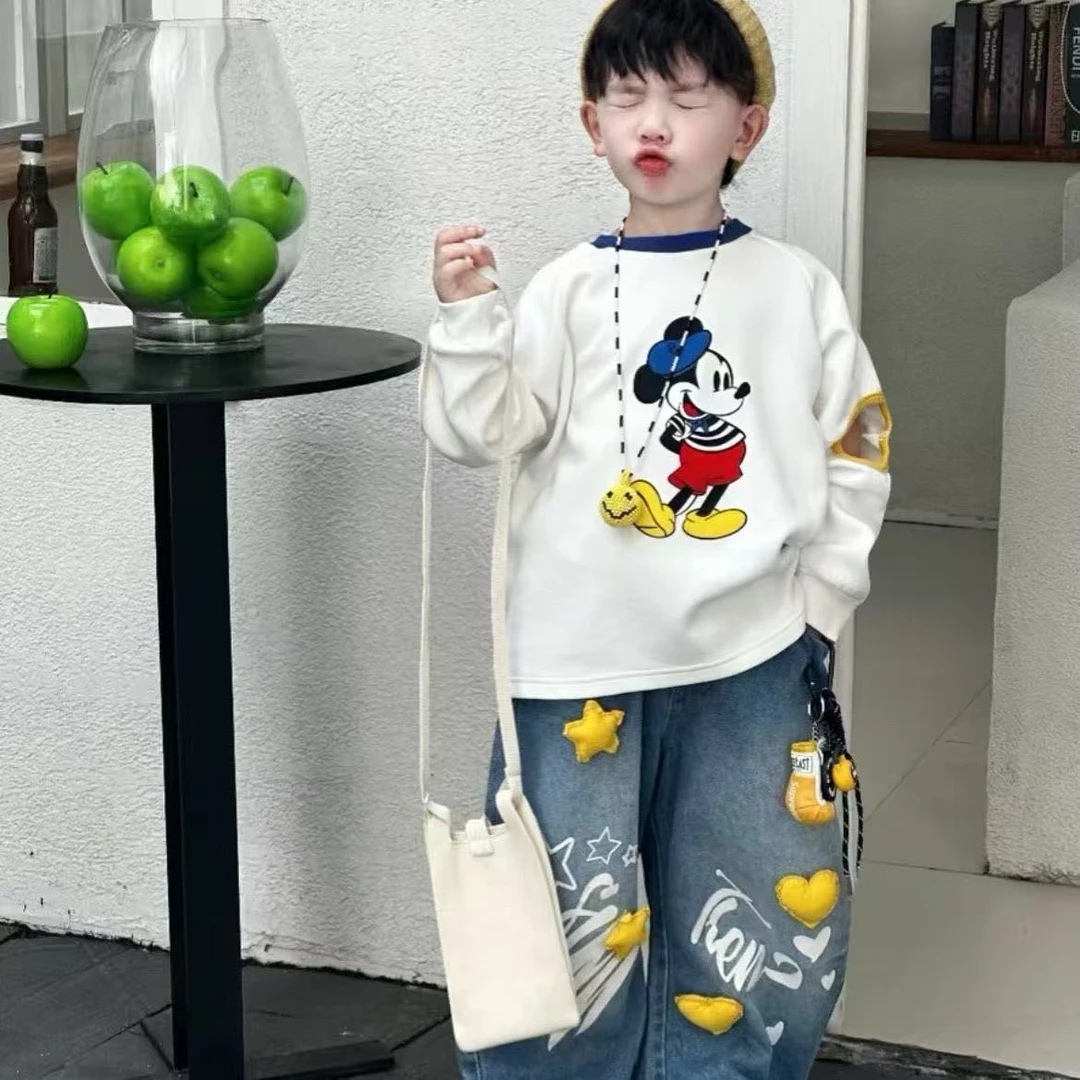 儿童秋款新款设计米奇套装2025年韩版时尚男女宝宝米奇牛仔裤套装