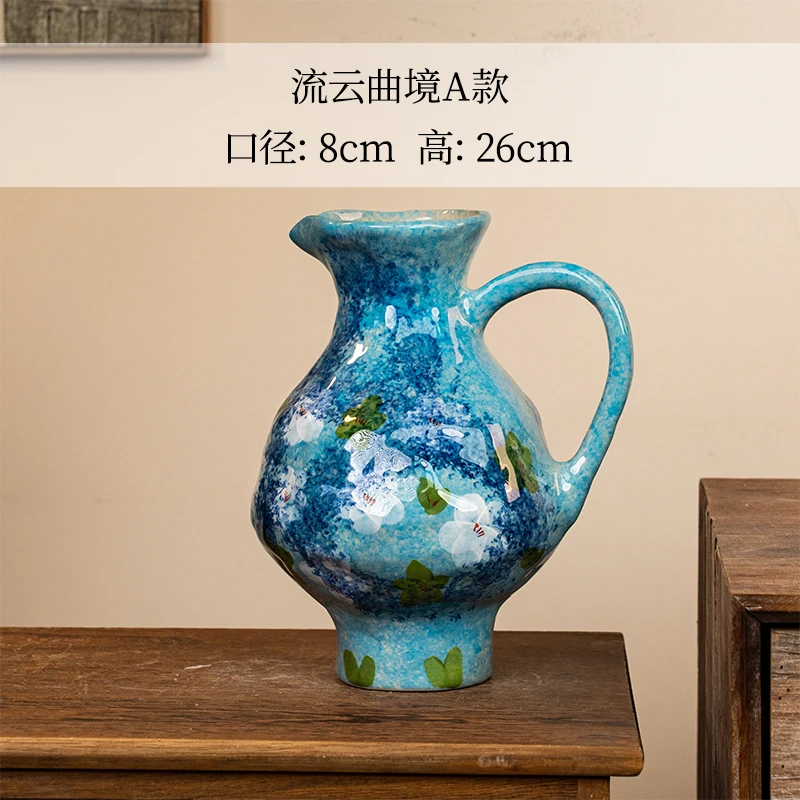 景德镇幽蓝茶花手绘提梁壶陶瓷花瓶客厅家居插花水培艺术装饰品