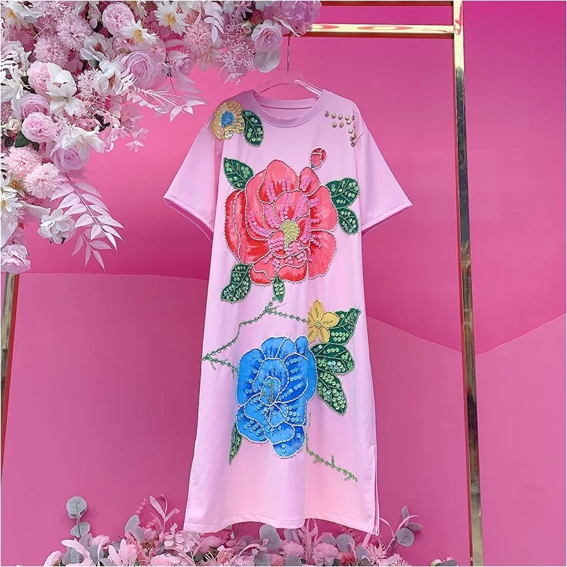 A2362欧美设计师2025夏季新款重工钉珠刺绣涂鸦手绘花朵连衣裙女