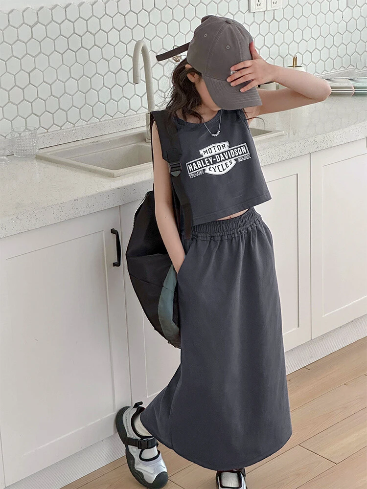 女童夏装无袖套装2025新款洋气百搭女大童夏装背心休闲裙子两件套