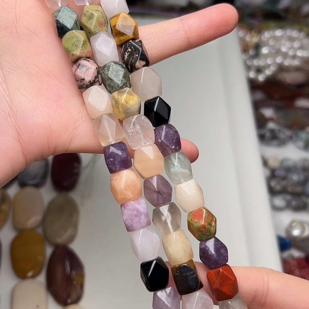 玛瑙/玉髓合金珠宝半成品G742。9.3mm天然多宝刻面桶珠一条