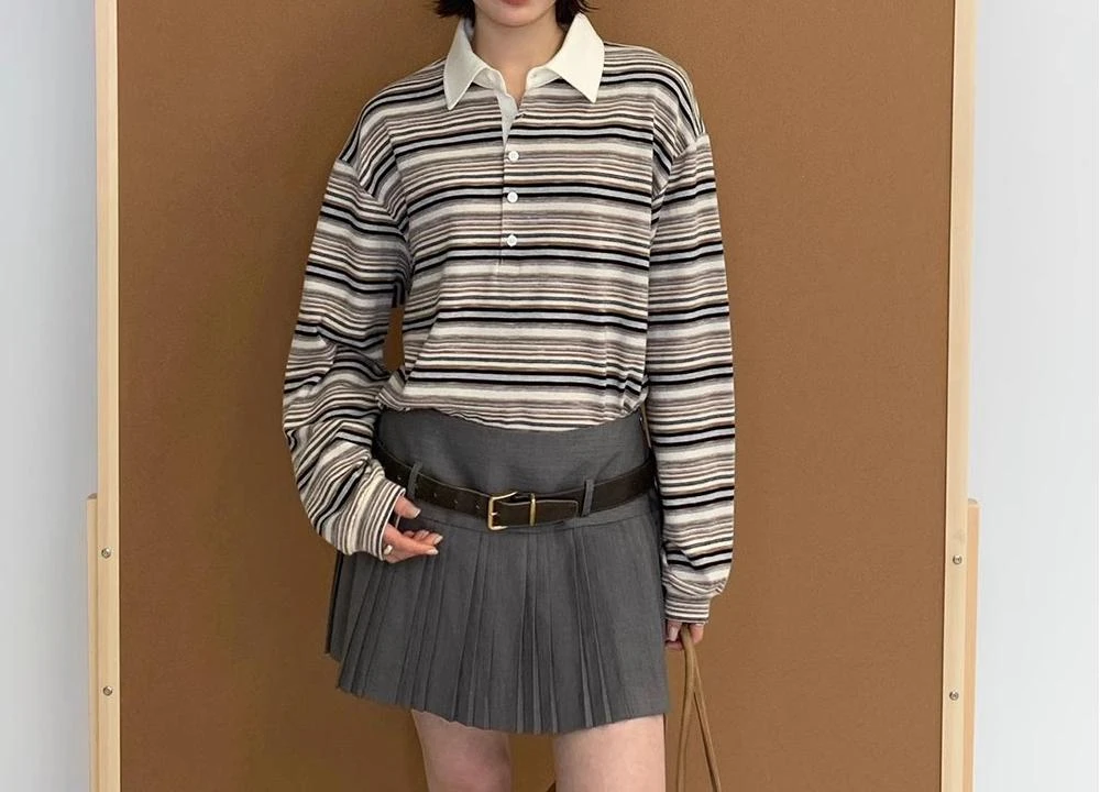 ONEXH·2025年春季新款老钱风复古polo领条纹衫女休闲风百搭上衣