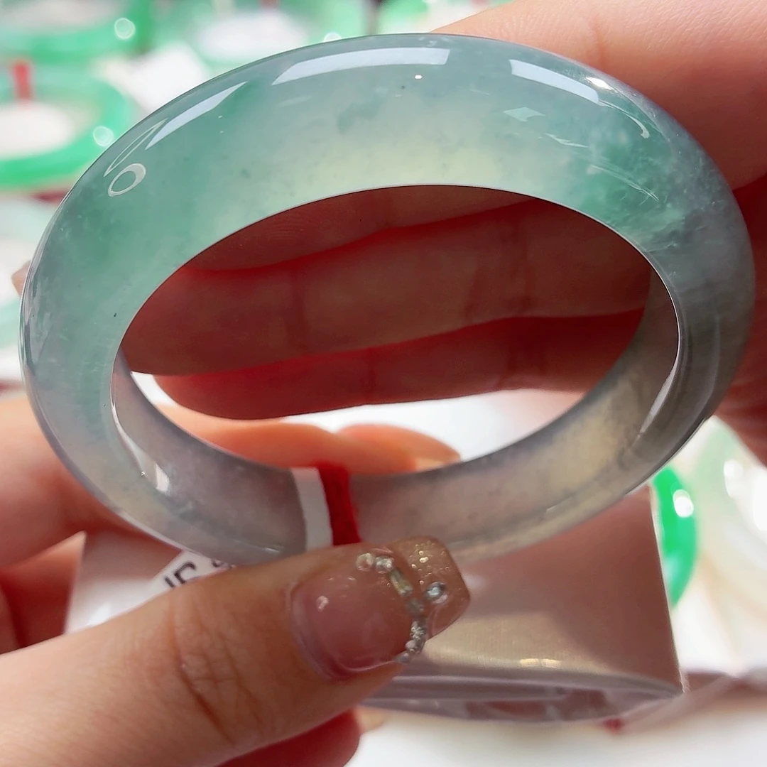 翡翠未镶嵌手镯木那雪花棉正冰起钢蓝底88-59