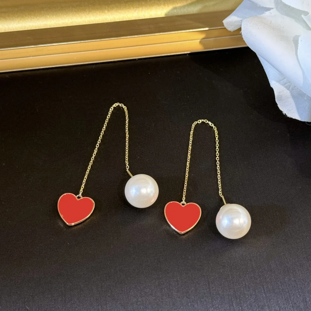 合金仿珍珠耳饰 杨杨babytime红色爱心时尚小众甜美珍珠耳线百搭