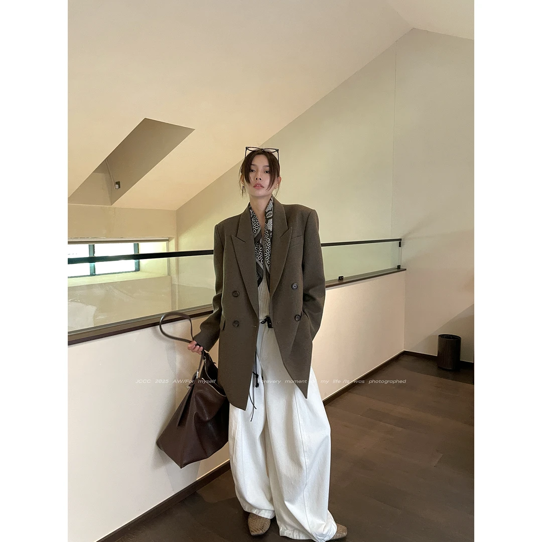 JCCC影子【悉尼往事】棕色复古双排扣廓形西装绗棉单面呢JE5BME11