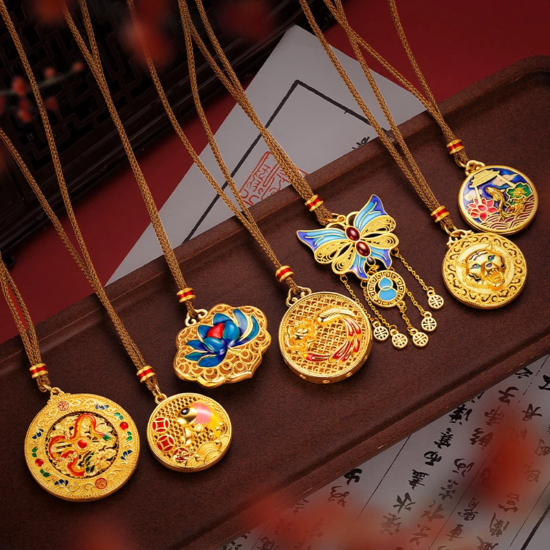 首饰品新中式轻奢珐琅彩花丝镂空八宝罗盘吊坠蝴蝶莲花项链女