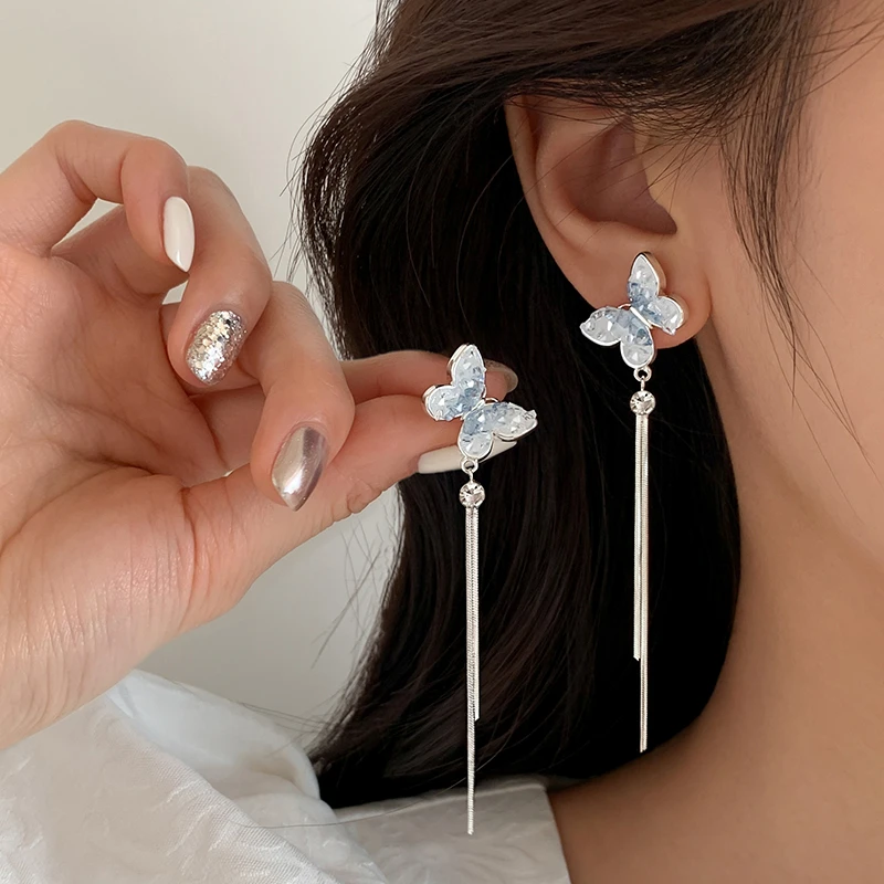 足银合成锆石耳饰 999银针蓝色水晶蝴蝶流苏耳钉小众设计感耳环女