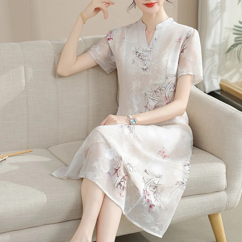 中老年妈妈夏装连衣裙气质改良旗袍洋气新款阔太太国风裙子女夏季