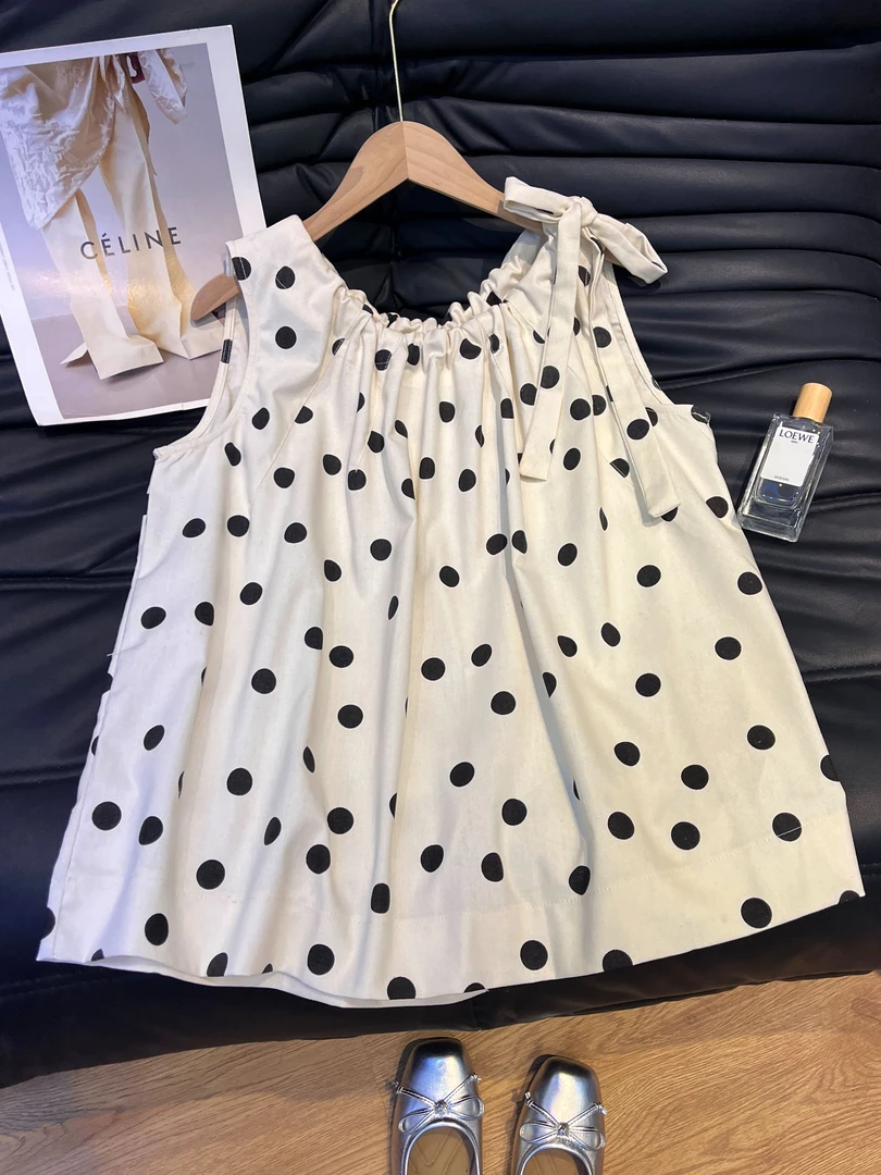 设计感抽绳系带波点无袖背心衬衫女夏季宽松娃娃衫减龄上衣潮